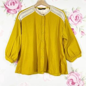 ZARA Basic Mustard Yellow Soft Corduroy Crochet Button Down Blouse M